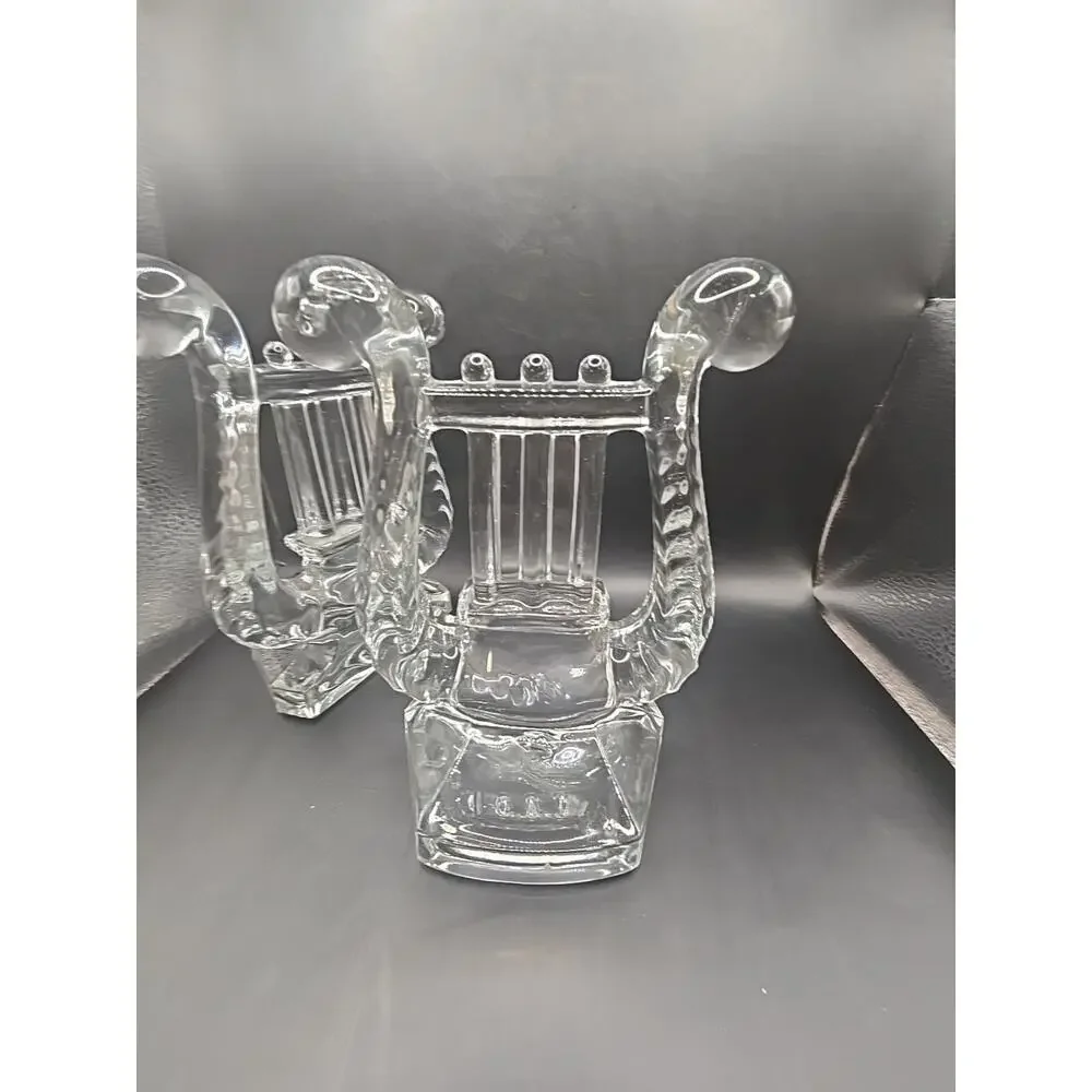 1940s Vintage FOSTORIA Glass LYRE HARP Crystal Bookends - MINT